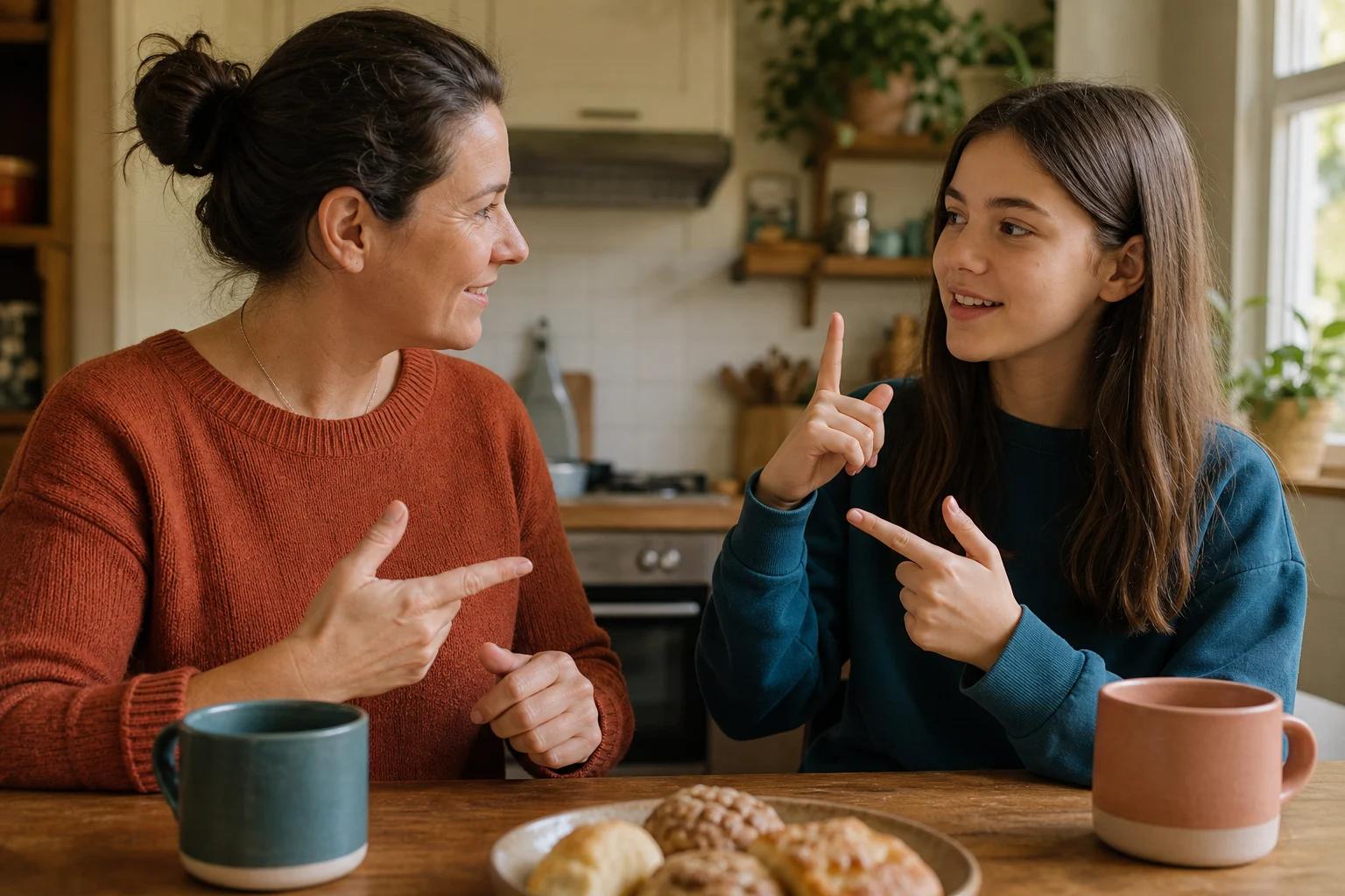 Mutter und Tochter kommunizieren zu Hause in Deutscher Gebärdensprache
