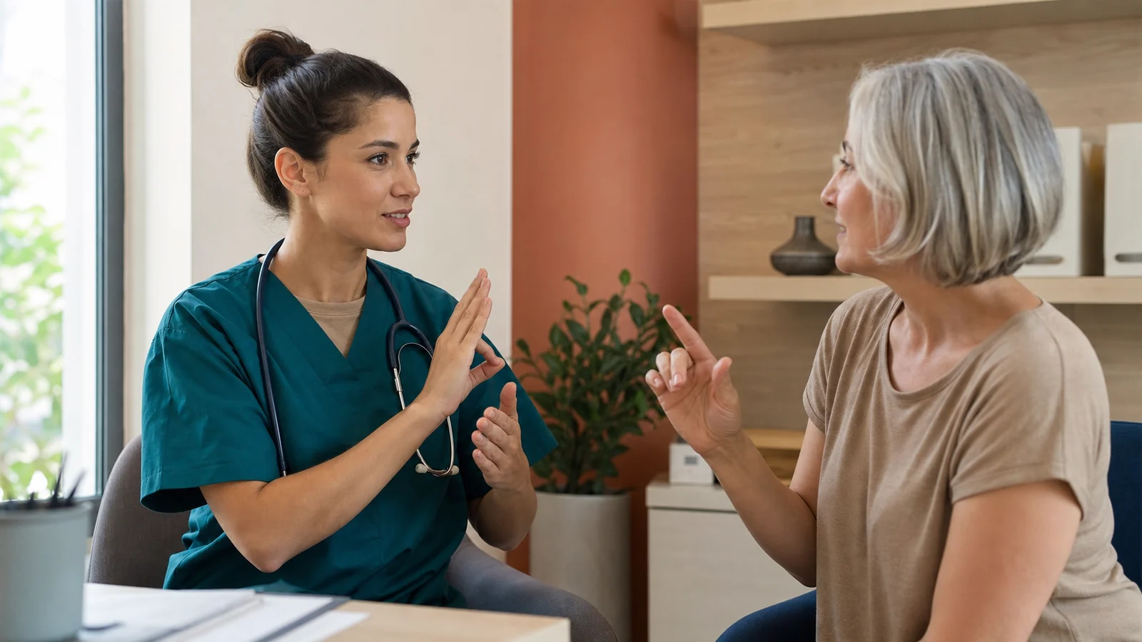 Medizinische Fachkraft kommuniziert mit einem gehörlosen Patienten
