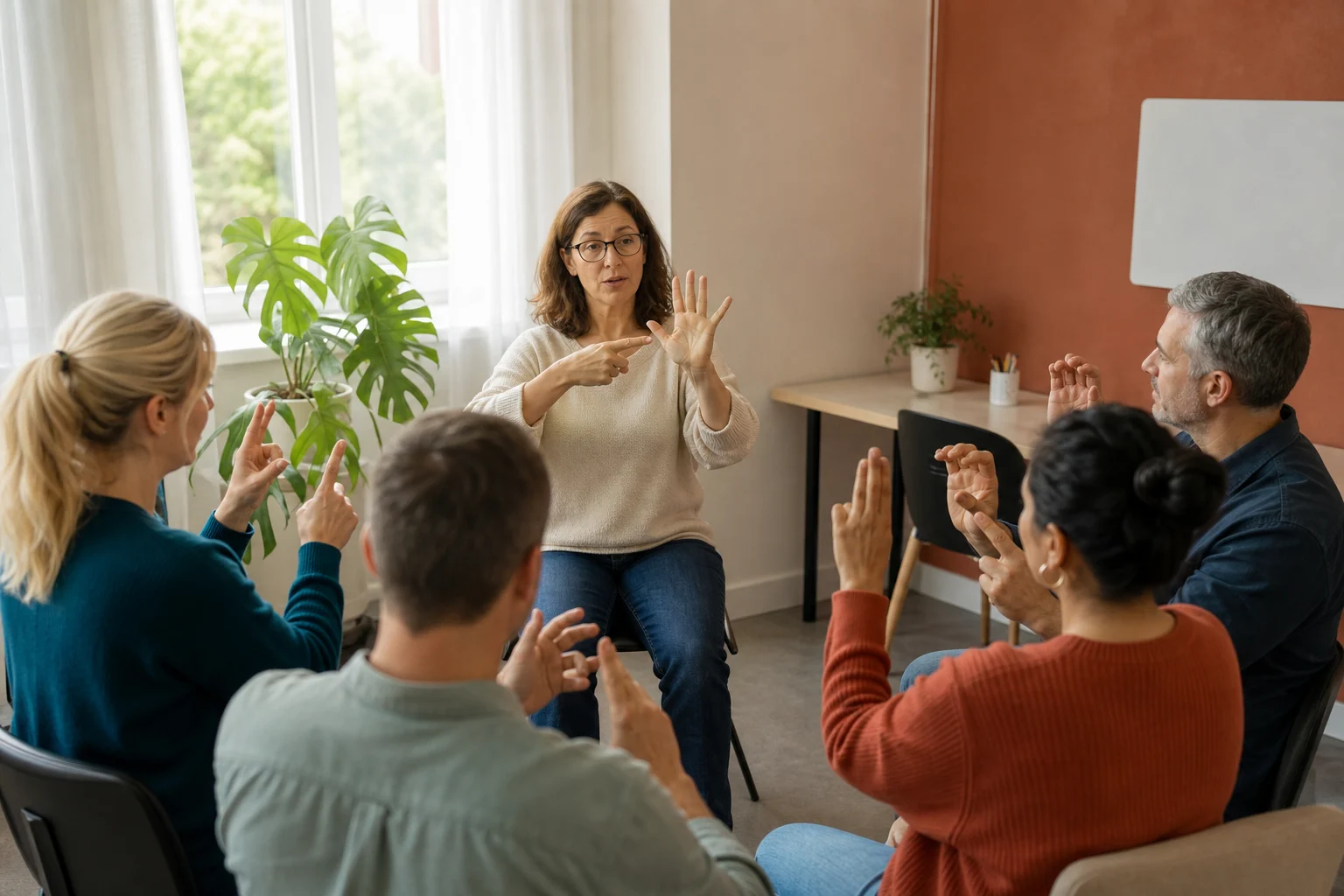 Pädagoginnen und Pädagogen lernen Deutsche Gebärdensprache in einem Workshop